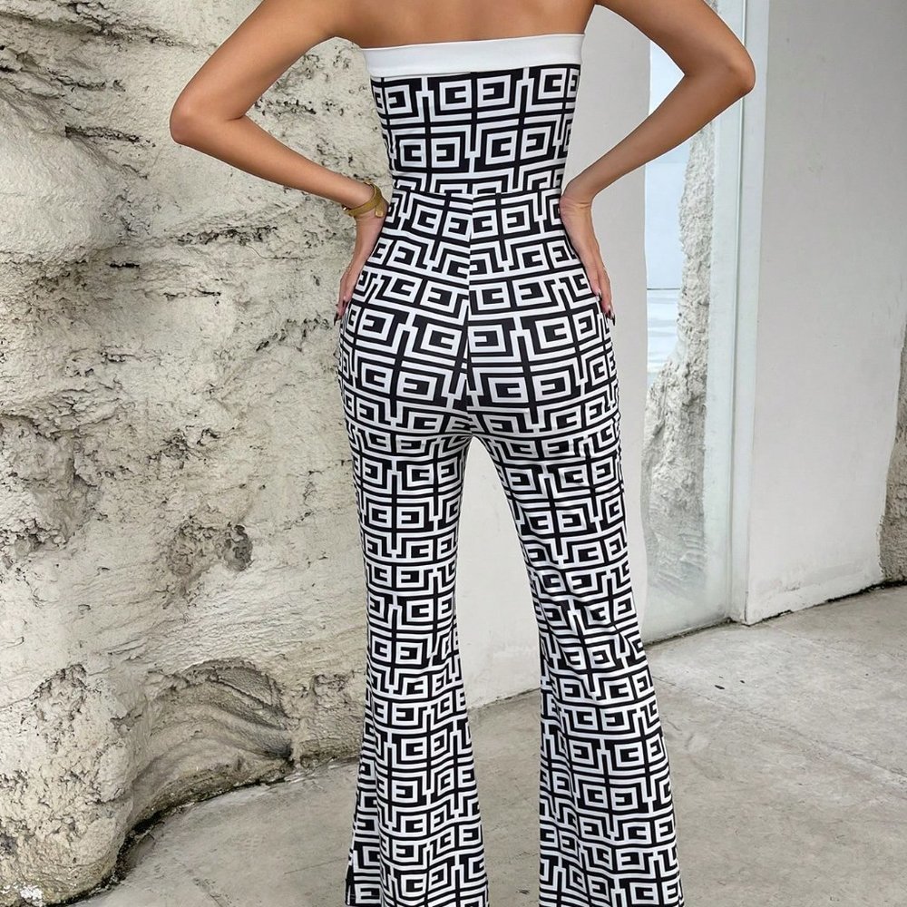 White & Black Preppy Womens Geo Print Button Front Tube Jumpsuit - Picture 2 of 6